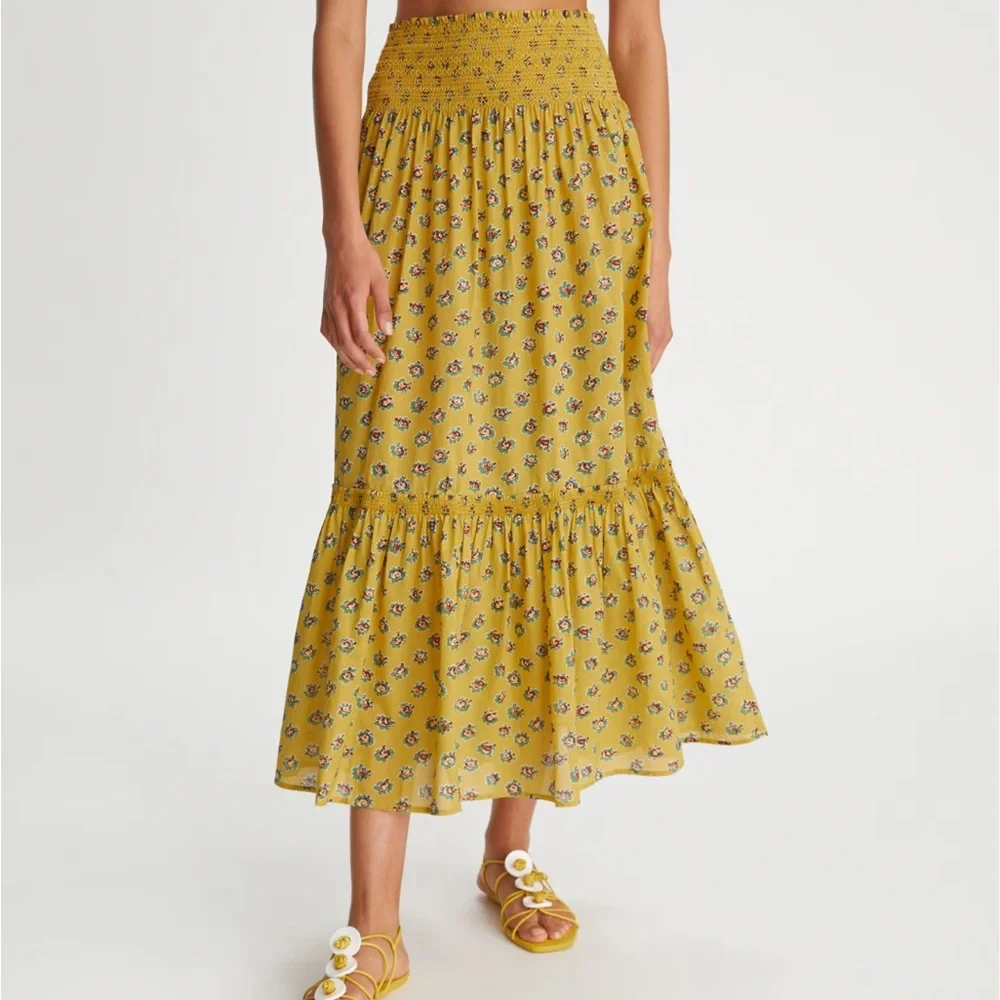 Tory Burch 100% Cotton Smocked Cotton-Voile Skirt Dress Yellow Garden Rose XL